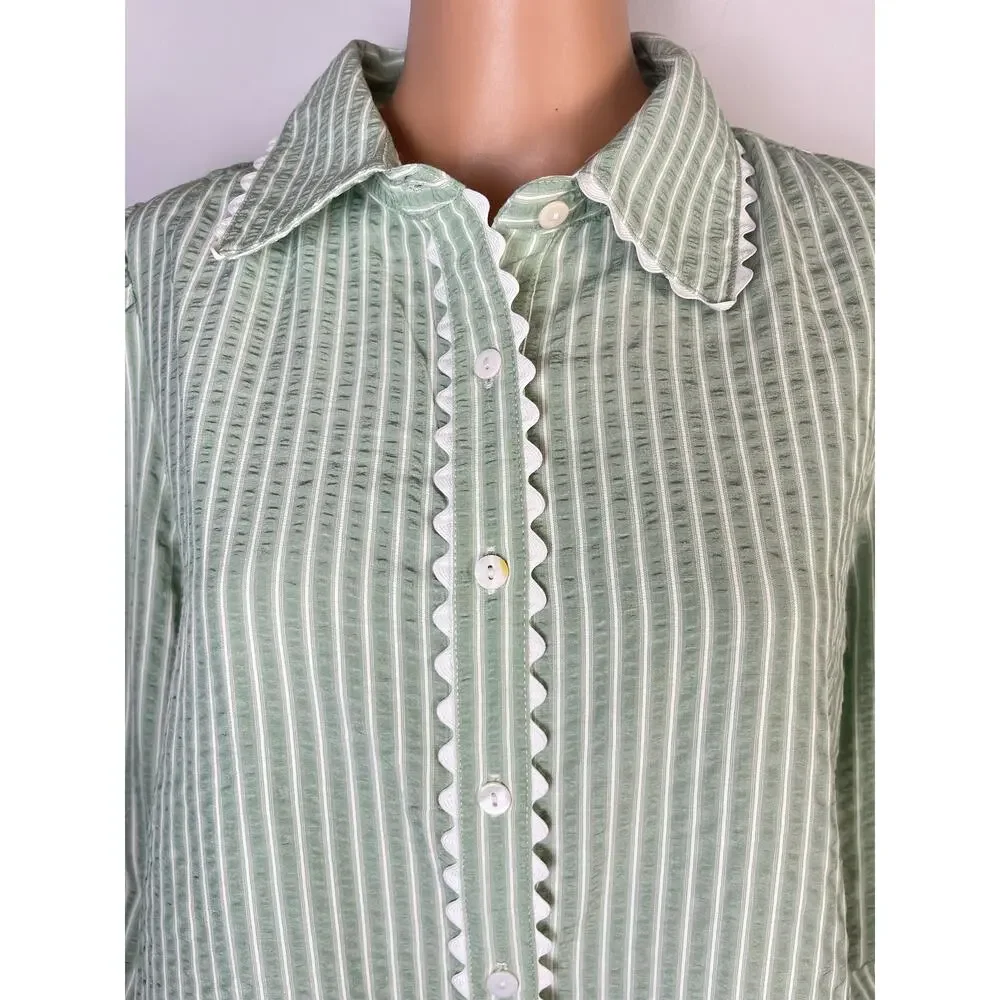 Entro sage green striped blouse L scalloped collar button front cotton blend - Picture 8 of 15